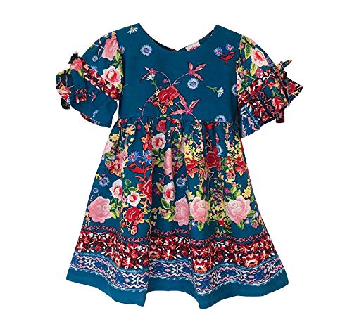 Vestido Infantil Nica Trica Laço Manga Azul Floral (8 A 12 ANOS)