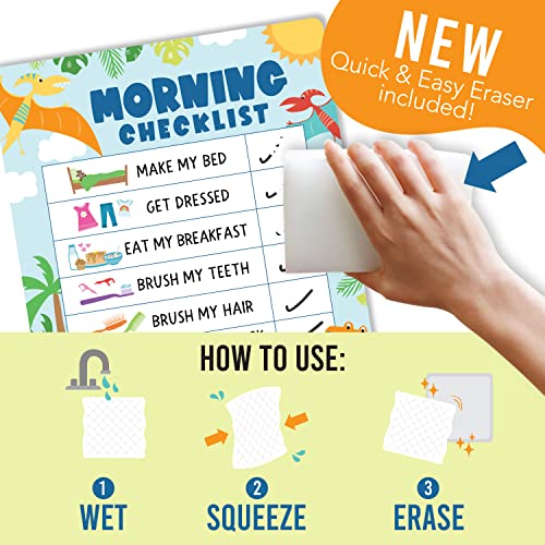 Image of Magnetic Morning & Bedtime Routine Chart for Kids - Customizable Toddler Daily Schedule Board with Dry Erase Surface, Stickers & Marker, Build Habits with Visual Checklists, Dinosaur Theme