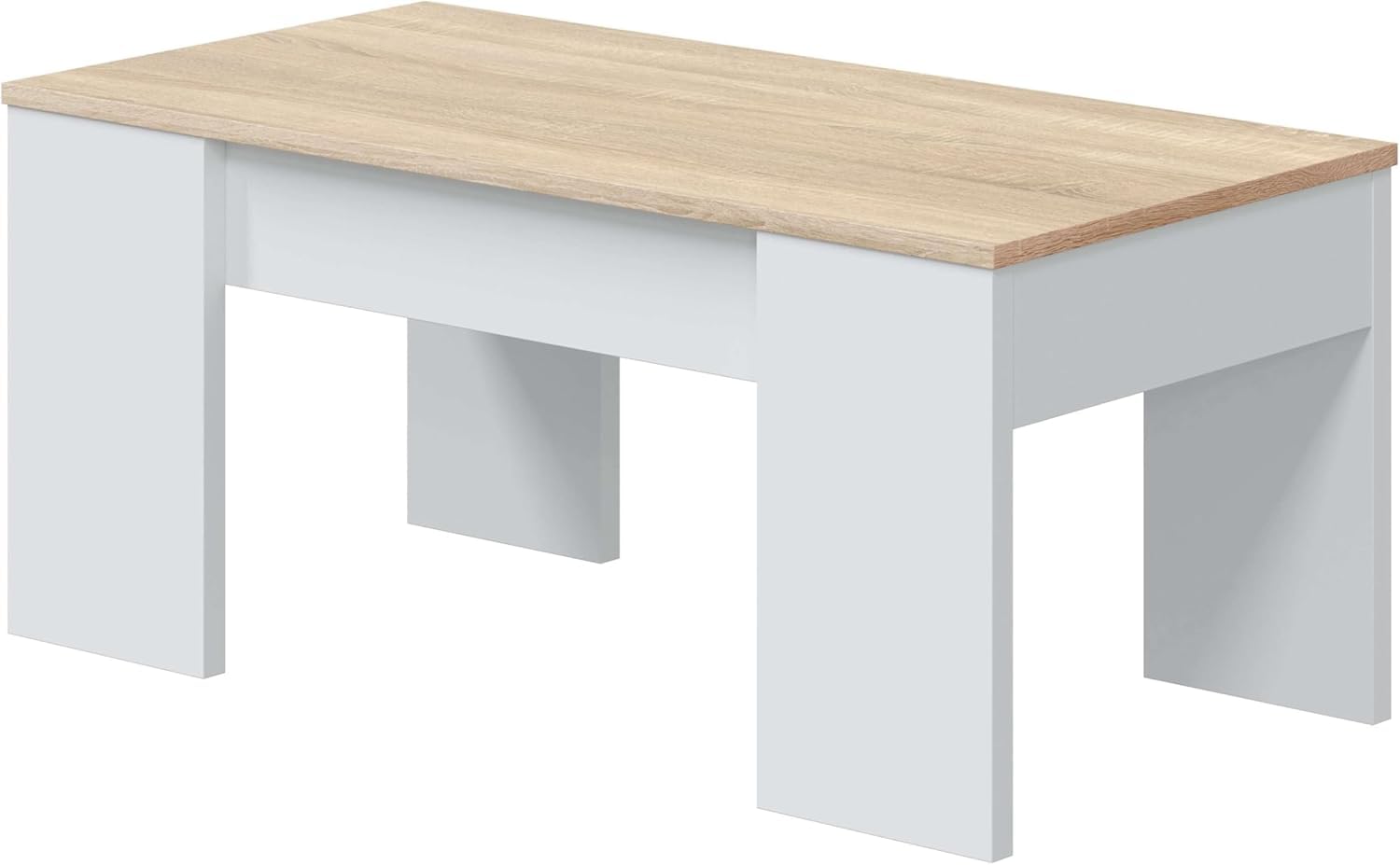 Habitdesign – Mesa de Centro Elevable Moderna, Mesita Auxiliar para Salón o Comedor, Blanco Artik y Roble Canadian, 100x50x45-​56 cm – Modelo LC