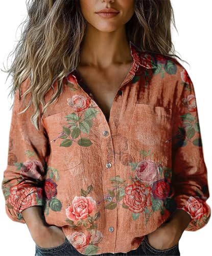 Womens Button Down Shirt 2025 Boho Vintage Floral Lapel V Neck Long Sleeve Blouses Dressy Casual Top with Pocket