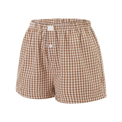 Image of Y2k Plaid Shorts Cute Baggy Ginghem Boxer Shorts for Women Checked Lounge Pajama Bottom Preppy Sleep Pj Shorts