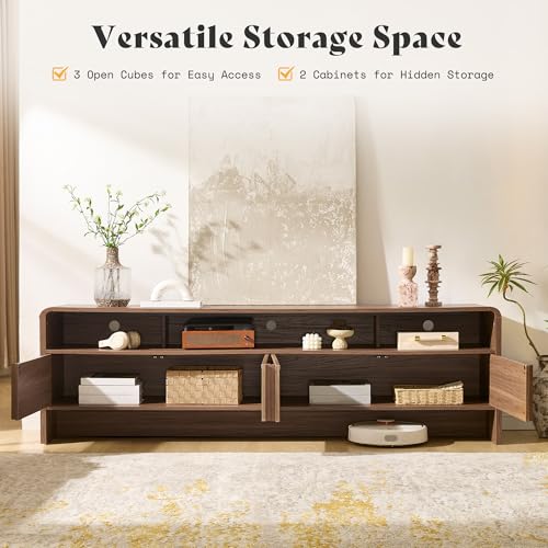 Image of AMERLIFE 70 inch Fluted Wood TV Stand for TVs up to 80 inch, Media Console Entertainment Center with Storage Cabinets for Living Room, Brown