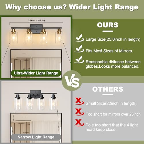 Image of Unicozin Modern Bathroom Light Fixtures, 4 Light Vanity Lights Over Mirror, Black and Gold Wall Lamp with Clear Glass for Living Room Cabinet Bedroom Porch