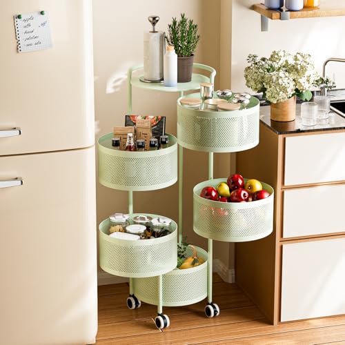 Image of JAQ Rotating Fruit Basket, 5-Tier Metal Sturdy Kitchen Storage Rack Shelf Carts No Assembly on Rolling Wheels for Fruit Vegetable Grocery Corns Potato Onion (5-Tier, Green)