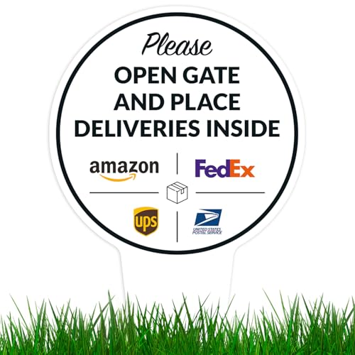 Image of Package Delivery Sign, Delivery Instructions Open Gate and Leave Delivery Inside Sign, 7x13 Inches Round Shape, Aluminum Composite Made in USA by Sigo Signs