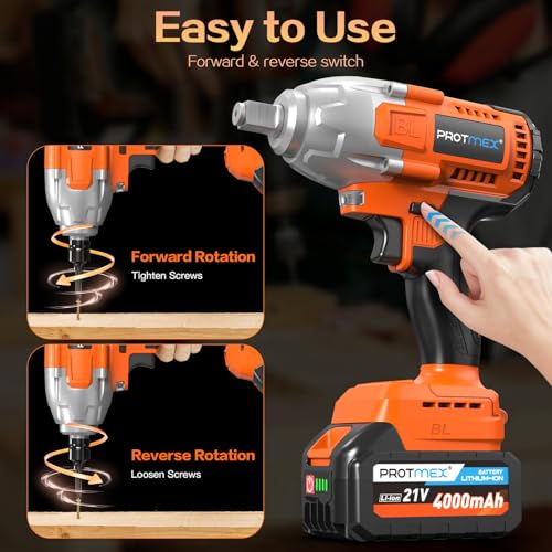 Protmex Cordless Impact Wrench - 665Ft-Ibs (900N.m) 1/2 inch Impact Driver, 21V Power Brushless Impact Gun with 2×4.0Ah Battery 5 Sockets 8 Drill 6 Screws, Impact Wrenches for Wheel Nuts/Car/Tyres 7 Protmex Cordless Impact Wrench - 665Ft-Ibs (900N.m) 1/2 inch Impact Driver, 21V Power Brushless Impact Gun with 2×4.0Ah Battery 5 Sockets 8 Drill 6 Screws, Impact Wrenches for Wheel Nuts/Car/Tyres - Image 7