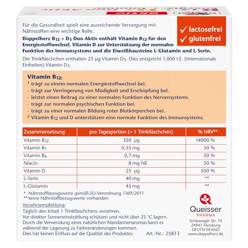 Doppelherz B12 + D3 Duo Aktiv - Hochdosiert mit Vitamin B12 + D3 zur Unterstützung einer normalen Funktion des Immunsystems - 30 Trinkfläschchen
