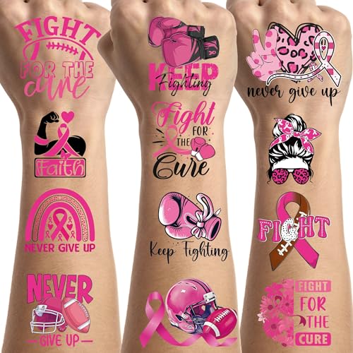 Breast Cancer Temporary Tattoos - 200+ Breast Cancer Awareness Tattoo Stickers for Party Favors Fight illness Party Decorations Supplies for Women (8 Sheets)