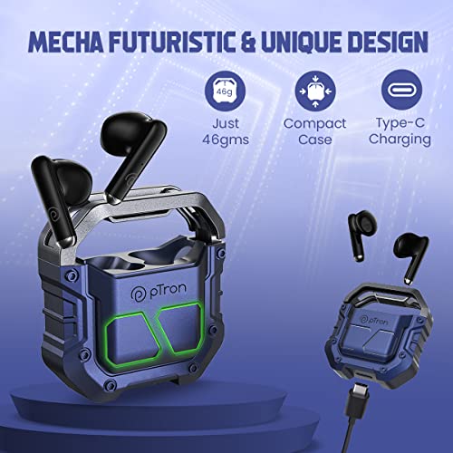 Image of pTron Bassbuds Xtreme Truly Wireless in Ear Earbuds with mic, 32Hrs Playtime, Bluetooth Headphones 5.3, 13mm Driver, Stereo Calls TWS Earbuds, Deep Bass, IPX4 & Type-C Fast Charging (Blue /Black)