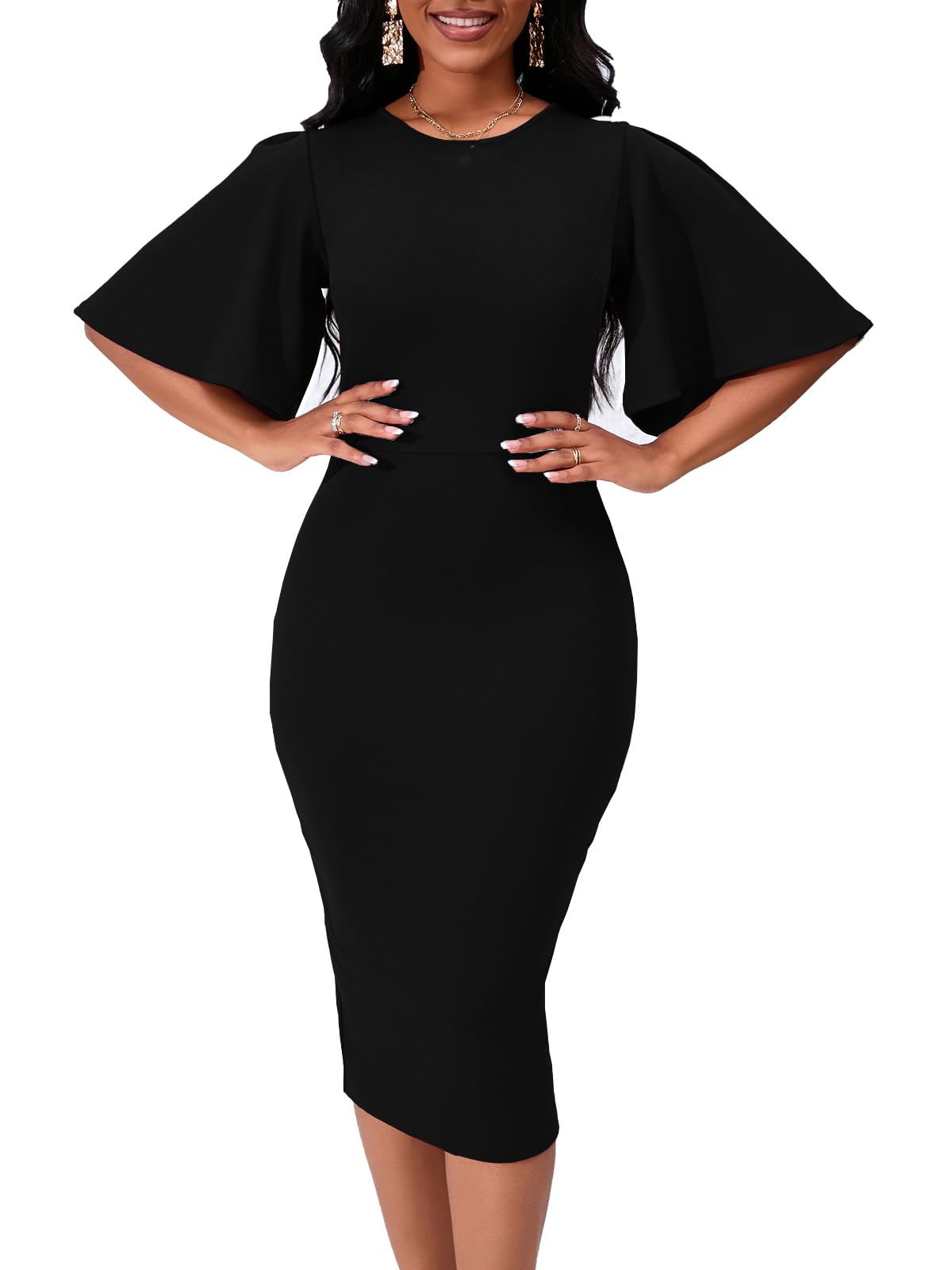 Womens Basic Bodycon Ruffle Flared Short Sleeve Pencil Midi Dress