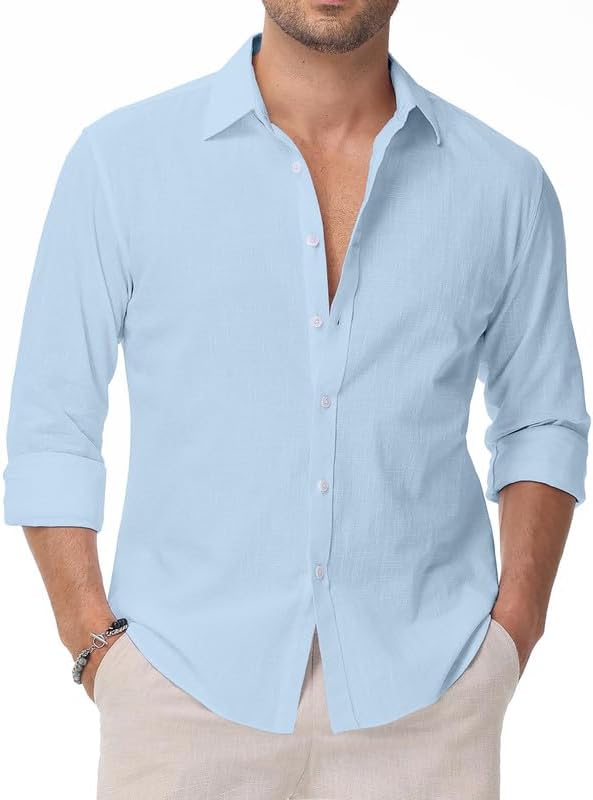 Linen Shirts for Men Casual Button Down Long Sleeve Shirt Solid Summer Beach Hawaiian Shirts