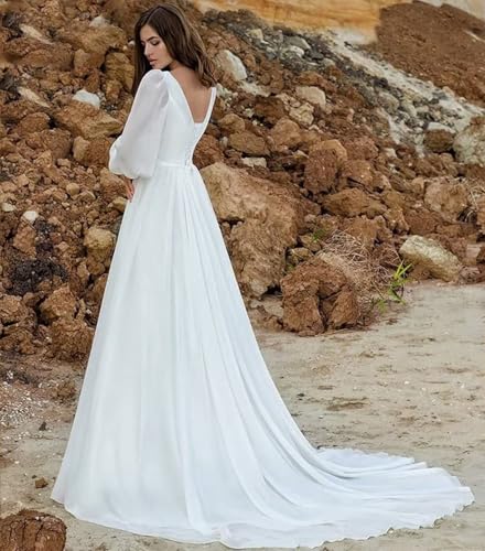 Women's Chiffon Long Sleeves Wedding Dress for Bride Lace A Line Floor Lenght Beach Bridal Dress for Women2