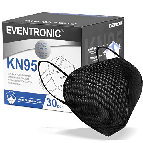 KN95 Facial Masks, Eventronic Disposable Masks, Breathable and Soft, Five Layers 30 Packs Black