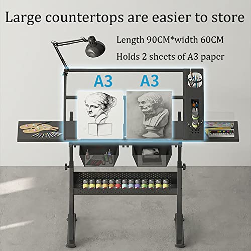 Adjustable Height Drawing Table, Drafting Table, Tiltable Drawing Tabletop with Tempered Glass, Drawing Table Artist Desk
