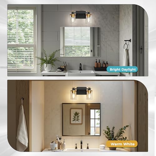 Image of DORESshop 2-Light Black and Gold Bathroom Light Fixtures, Vanity Lights Fixture with Clear Glass Shade, Bathroom Vanity Light for Mirror Kitchen Bedroom, Modern Wall Lights Over Mirror