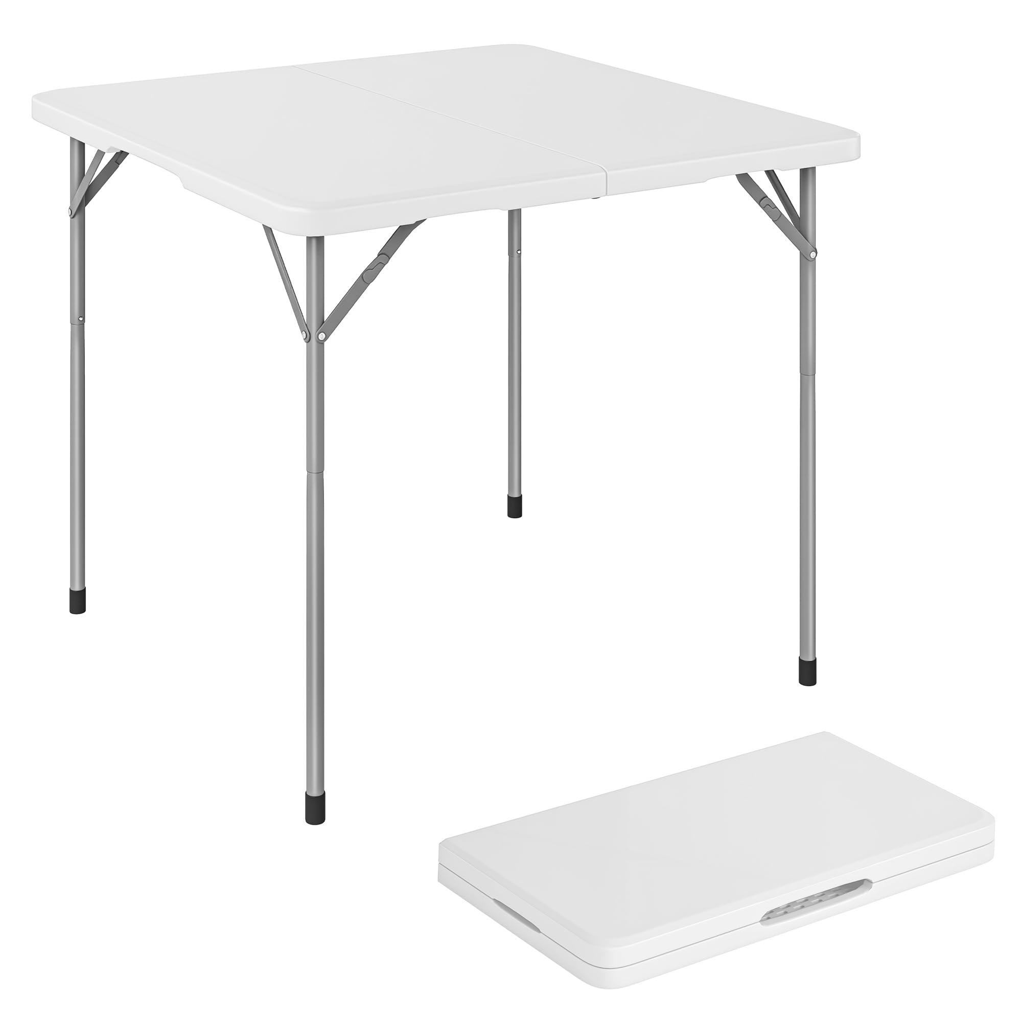 Outsunny Table Pliante en HDPE, Table de Camping Pliante carrée 86 x 86 x 74 cm, avec Une poignée, Hauteur réglable, pour intérieur/extérieur, pour la terrasse, Le Camping, la Plage, Blanc