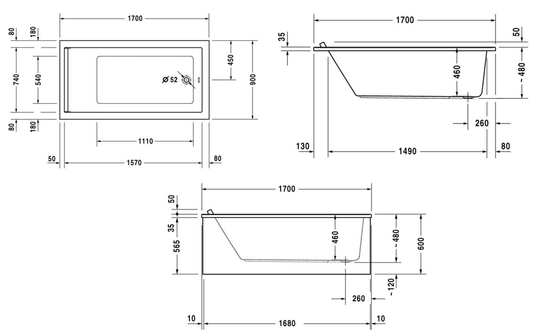 Duravit Baignoire rectangulaire Starck 170x90cm, un fond incliné, 700337, à encastrer, 700337000000000, 700337000000000