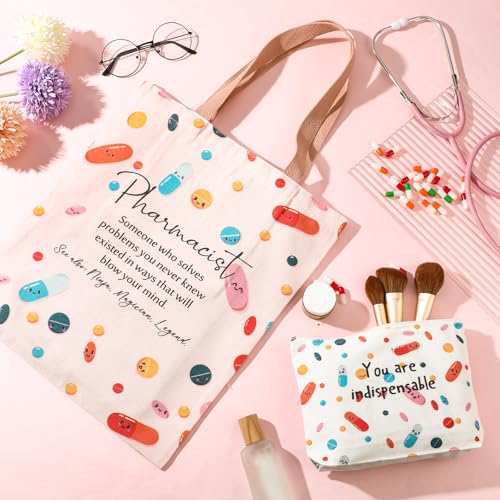 2 Pcs Pharmacist Gifts for Women Pharmacist Canvas Tote Bag Makeup Zipper Cosmetic Bag Pharmacy Technician Accessories for Women Doctor Nurse Surgical Tech Week Gifts4