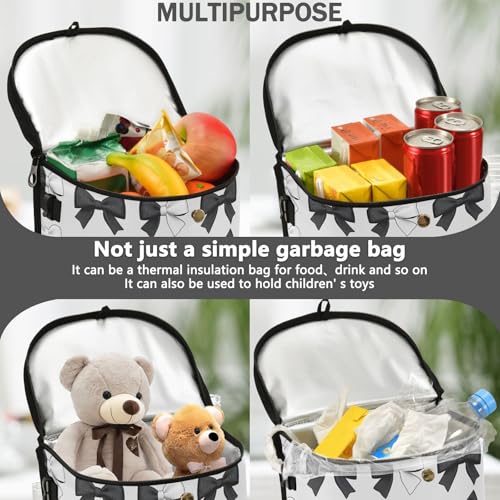 Image of Car Trash Can Black White Bows Car Garbage Bag with Lid Hanging Waterproof Leak Proof Vehicle Storage Bin