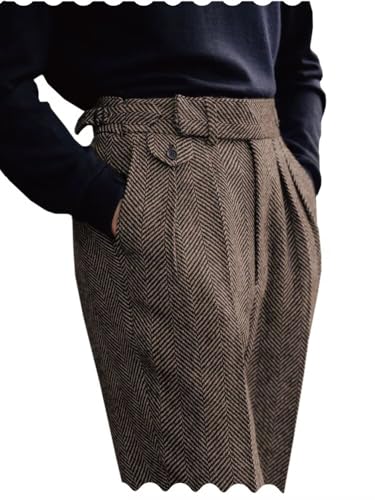 Herren Hochtaillierte Wollhose Mit Vorderen Falten Vintage Tweed Anzug Hosen (Hellbraun, 34W x 32L)