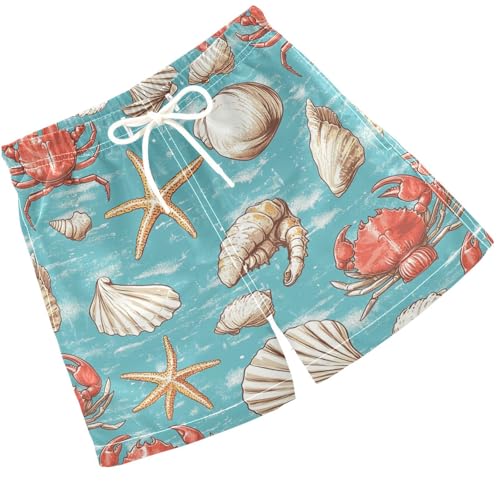 Pigsaly Boys Swim Trunks Crabs Starfish Seashells Turquoise Boys Board Shorts Swimsuit Swimwear Summer Bathing Suit 5T
