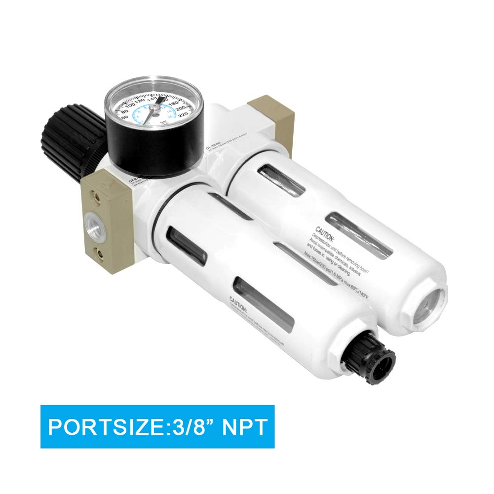 Beduan Combo regulador de filtro de aire comprimido NPT de 3/8 pulgadas (0-230 psi), filtro de compresor de herramienta de aire, separador de trampa de agua/aceite con calibre, drenaje manual