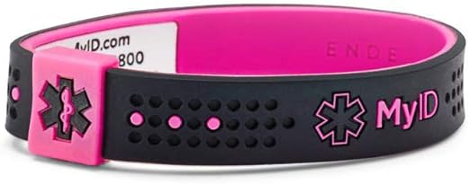 MyID Sport Medical ID Silicone Bracelet for Diabetes Epilepsy Asthma Autism and More (Large, Black/Pink)