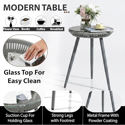 Image of BRISHI Garden Patio Seating Chair and Table Set Outdoor Balcony Garden Coffee Table Set Furniture with 1 Table and 2 Chairs Set with Cushion Braid & Rope (Gray)