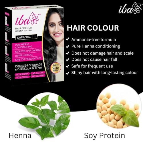 Image of Iba Hair Colour for Women - Dark Coal, 70g (Pack of 3) | 100% Pure Henna Based Powder Sachet | Natural Hair Colour & Long Lasting with Conditioning Formula | Reduced Hair Fall & Hair Damage | Shine & Nourish Hair | Free from Ammonia and Other Harmful Chemicals | Herbal Hair Powder for Hair Color | Black Henna