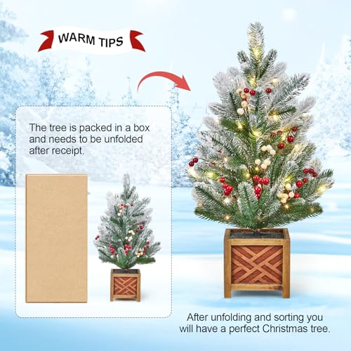 24 Inch Pre-lit Mini Christmas Tree with Lights, Small Green Frosted Artificial Tabletop Christmas Trees with Wooden Base, Miniature Pine Christmas Trees Decoration
