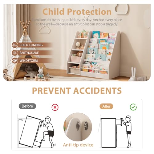Image of Solid Wood Kids Bookshelf and Storage Organizer, 7 Layer Children Bookcase, Baby Toddler Wooden Book Shelf, Display Cabinet for Playroom, Bedroom, Classroom, Nursery, School, White