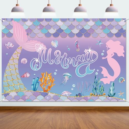 Telón de fondo de cumpleaños de sirena, decoración de fiesta, pancarta de fondo de sirena...