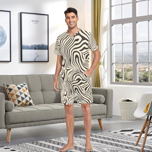 Men's Pajama Set Wave Line Zebra Short Sleeve with Shorts Pockets Sleepwear Set Summer Loungewear4