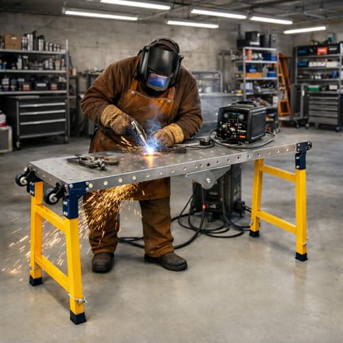 4000LBS Folding Welding Table Portable Welding Table with 5 Height-Adjustable Alloy Steel Constrution Work Table with Galvanized Welding Table Top for Welding Assembly Repair 360 Lockable Casters