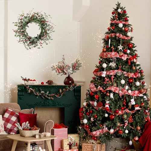Image of YNYLCHMX 18 Inch Christmas Wreath for Front Door, Winter Wreath with Eucalyptus Leaves Red Berry Pine Needle, Artificial Door Xmas Wreaths for Indoor Outdoor Window Farmhouse Decoration
