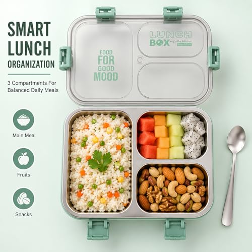 Image of Stainless Steel Lunch Box with 3 Compartments Leak Proof Airtight Lid BPA Free Food Storage Container Durable Portable Bento Tiffin for Kids, School Picnic (3 Green)