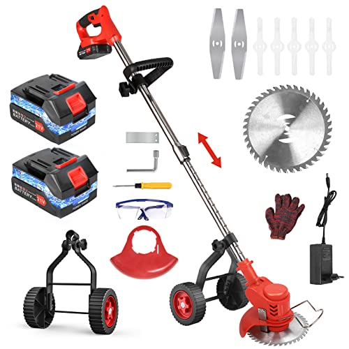 ESHUNQI Coupe Bordure sans Fil avec 2 Batterie et Chargeur, Tondeuse à Gazon Electrique avec 8 Lames, 2 Poignées et Roues Amovibles, Tondeuse Gazon Convient au Désherbage Horticole