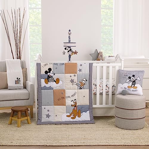 Image of NoJo Disney Mickey Mouse Love Mickey Gray, Navy, and Tan Donald Duck and Pluto, Clouds and Stars 3 Piece Nursery Crib Bedding Set - Comforter, Fitted Crib Sheet, and Crib Skirt