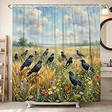 Crows Duschvorhang, Natur, rustikal, Weizen, Wildblumen, Sommergrün, wasserdicht, Stoff-Design, Druck, Badvorhänge, Dekoration für Toilette, Badezimmer, Wohnheim, 183 x 213 cm