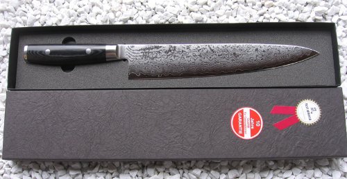 Yaxell Damascus - Juego de cuchillos japoneses (de cocina largo y Santoku más afilador)