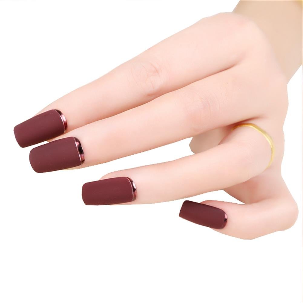 Brown Red Fake Nails Matte Metal Manicure French Long Design Full Cover False Nails with Metal Side Nail Tips 24pcs/set