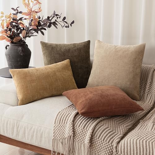 Image of Foindtower Set of 2 Textured Chenille Throw Decorative Pillow Covers Square Accent Solid Cushion Cover Neutral Farmhouse Lumbar Pillow Case for Couch Sofa Bedroom Living Room 12x20 Inch,Golden Brown