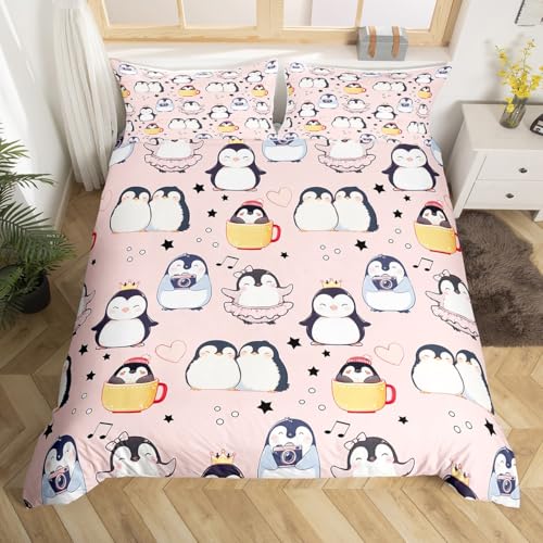 Cute Penguin Duvet Cover Set Toddler Size,Cartoon Kawaii Antarctic Animal Reversible Quilt Cover for Kids Boys Girls Stars Dots Musical Note Pink Bedding Set with 1 Pillowcase,No Comforter