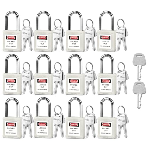 Image of Lockout Tagout Locks with 2 Master Keys|12-Pack White OSHA Loto Lock|Keyed Different & Laser Coding|Lock Out Padlock Kits for Machinery & Electrical Panels