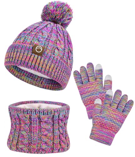 Image of ZOORON Kids Winter Hat Gloves Scarf Set, Girls Boys Hats Beanie with Pom