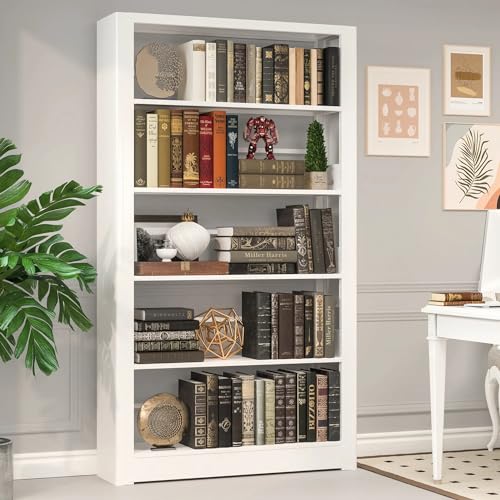 Image of VASAAOSD White Bookshelf, 5 Tier Tall Bookshelf, Metal Bookshelves and Bookcases with Adjustable Shelves, Large Bookshelf Open Display Shelves with for Study, Office, Corner (69 inch H)