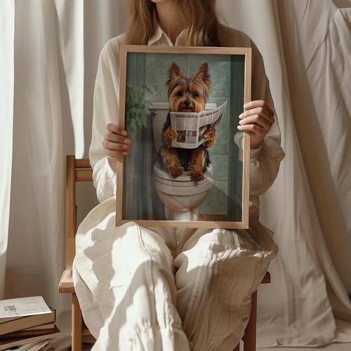 Image of Yorkshire Terrier on Toilet Wood Framed Wall Art Print Poster, Dog Bathroom Humor Decor Posters Prints for Restroom Home Picture Painting Artwork Gallery 7 (Yorkshire Terrier, 10 inchL x 8 inchW, Wood Frame)