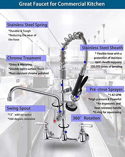 Pre-Rinse Commercial Kitchen Faucet, 25” Height Sink Faucet with 12” Add-on Spout, 8'' Adjustable Center Wall Mount, Pull down Sprayer, Stainless Steel Hose, Solid Brass, Chrome