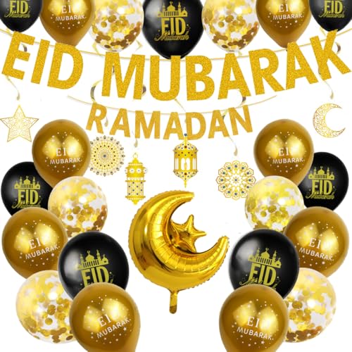 YNOUU Eid Mubarak Decorations Ramadan Celebration Decorations Eid Mubarak Hanging Swirls 2 in 1 Ramadan Mubarak Banner Latex Balloons for Home