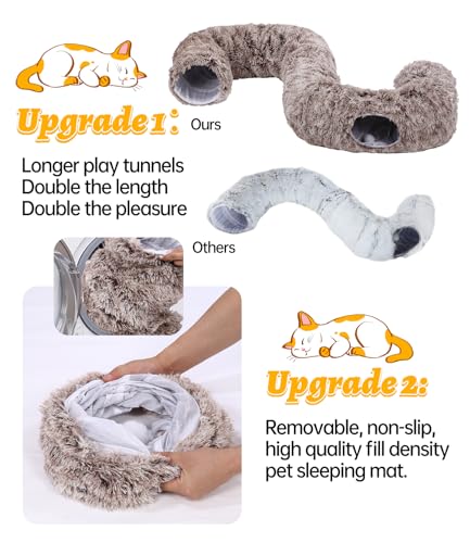 Vuxava XXL Katzentunnel Rechteckig Grau – Indoor Katzenspielzeug & Katzenhöhle mit weicher Liegefläche, 100×82 cm Bett & 180 cm Tunnel, 2 Eingänge, Waschbar & Abnehmbar